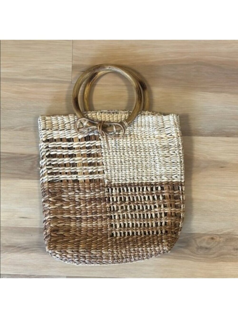 Two-Tone Woven Tote Bag with Wooden Handles